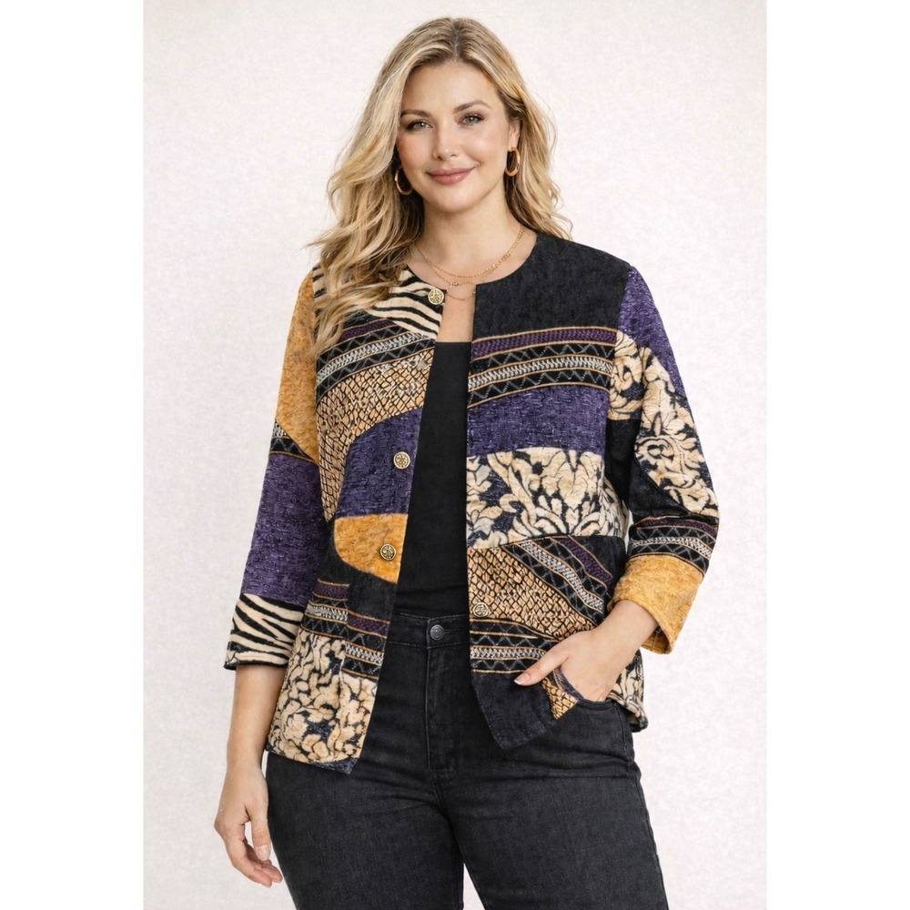 Indigo Moon Boho Patchwork Jacket Womens 1X Multicolor Button Front  NWT